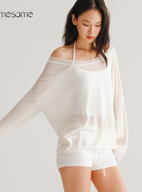 asomesome宋祖儿同款天丝露肩宽松针织长袖T恤女白色罩衫斜肩上衣