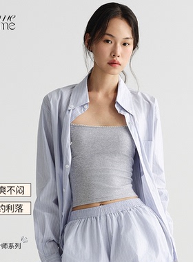 asomesome纯棉蓝色翻领条纹衬衫女秋新款微宽松开衫气质长袖上衣