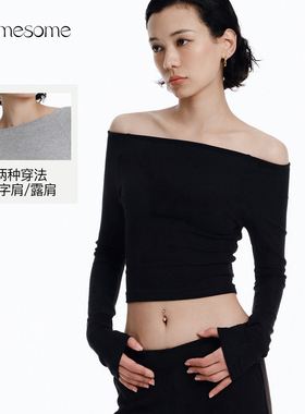 asomesome美式一字肩针织长袖T恤女秋紧身短款上衣修身打底衫