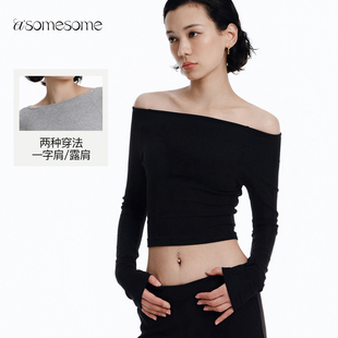 asomesome美式一字肩针织长袖T恤女秋紧身短款上衣修身打底衫