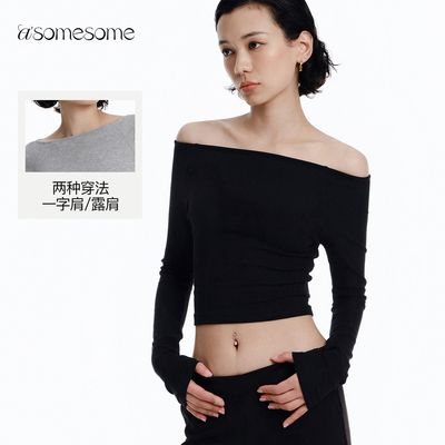 asomesome美式一字肩针织长袖T恤女秋紧身短款上衣修身打底衫