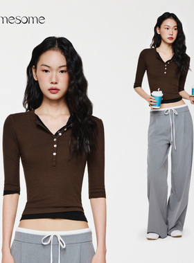 asomesome宋祖儿同款美式亨利领中袖t恤女秋五分袖修身打底衫上衣