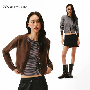 asomesome美式羊毛高级感针织开衫毛衣女秋冬黑色短外套修身上衣