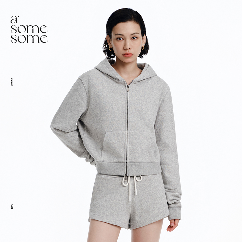 asomesome灰色拉链卫衣帽衫开衫外套女2025春款宽松休闲运动上衣