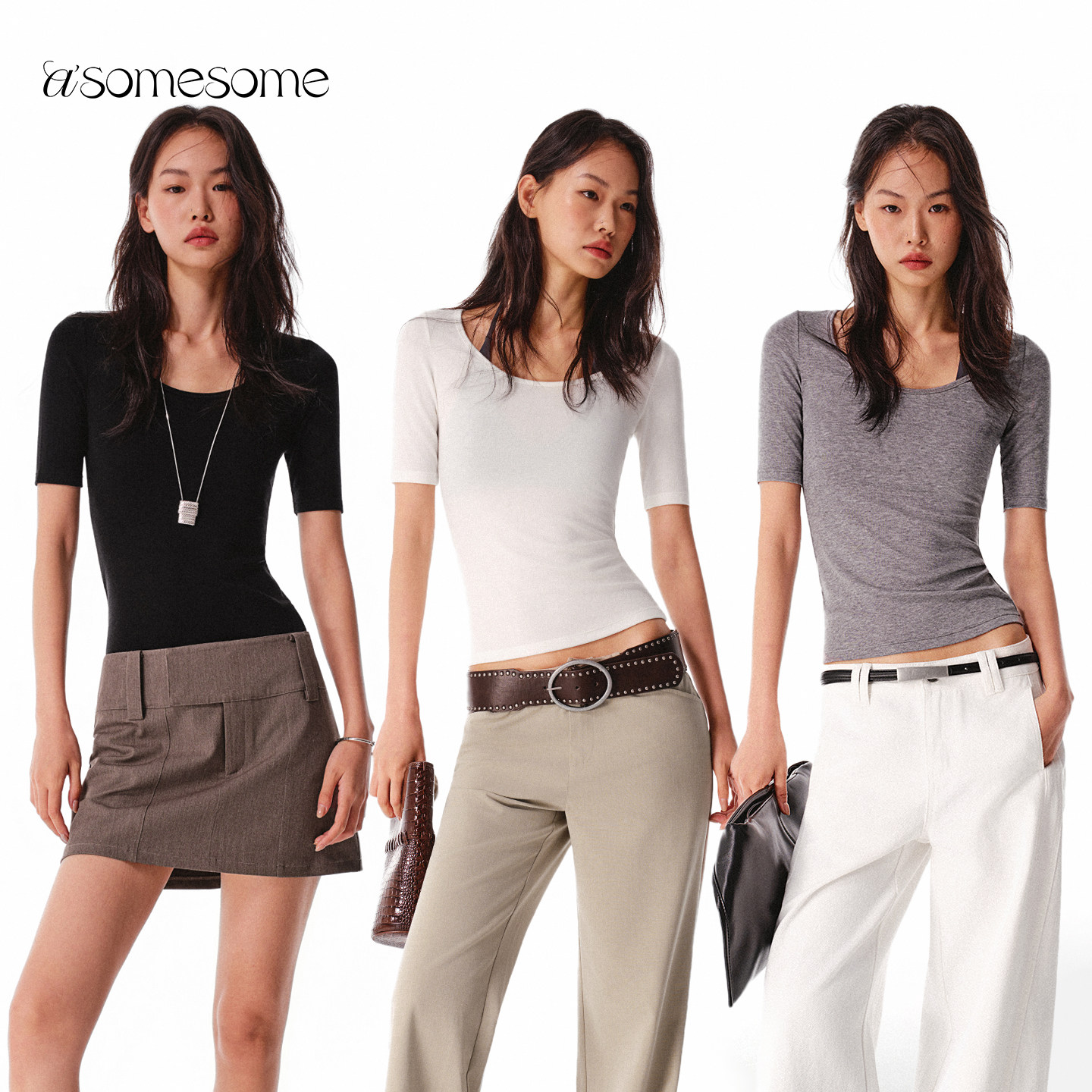 asomesome天丝羊毛大圆领美式微透中袖T恤女春新辣妹紧身打底上衣