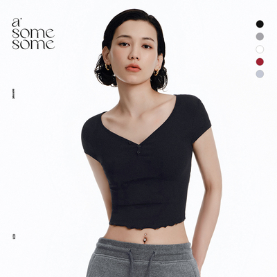 asomesome辣妹荷叶边v领短袖t恤女2026春夏修身内搭打底衫上衣