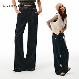 asomesome美式复古原色直筒深蓝丹宁牛仔裤女水洗原牛中低腰裤子