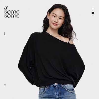 asomesome美式宽松斜肩吊带长袖t恤女2025春款百搭露肩上衣打底衫