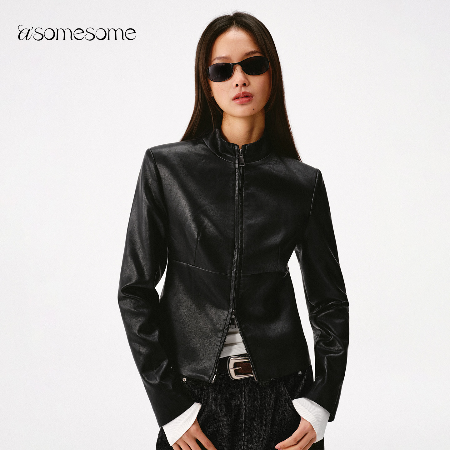 asomesome复古黑色立领修身蛋白皮夹克女春机车皮衣外套短款上衣