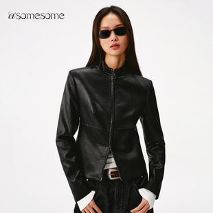 asomesome复古黑色立领修身蛋白皮夹克女春机车皮衣外套短款上衣