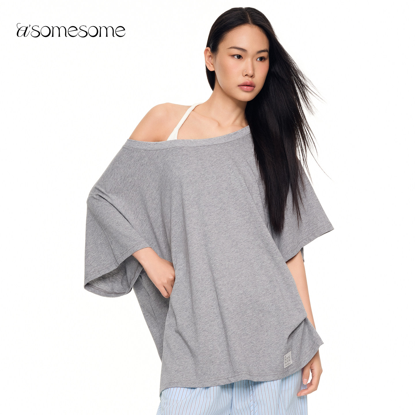 asomesome美式宽松一字肩斜肩短袖夏大领口露肩显瘦tee设计感上衣