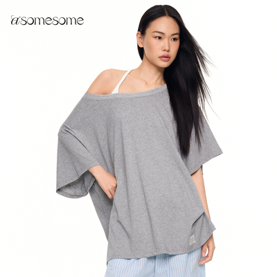 asomesome美式斜肩露肩宽松T恤女