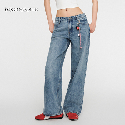 asomesome美式水洗中低腰直筒牛仔裤女宽松阔腿复古显瘦休闲长裤