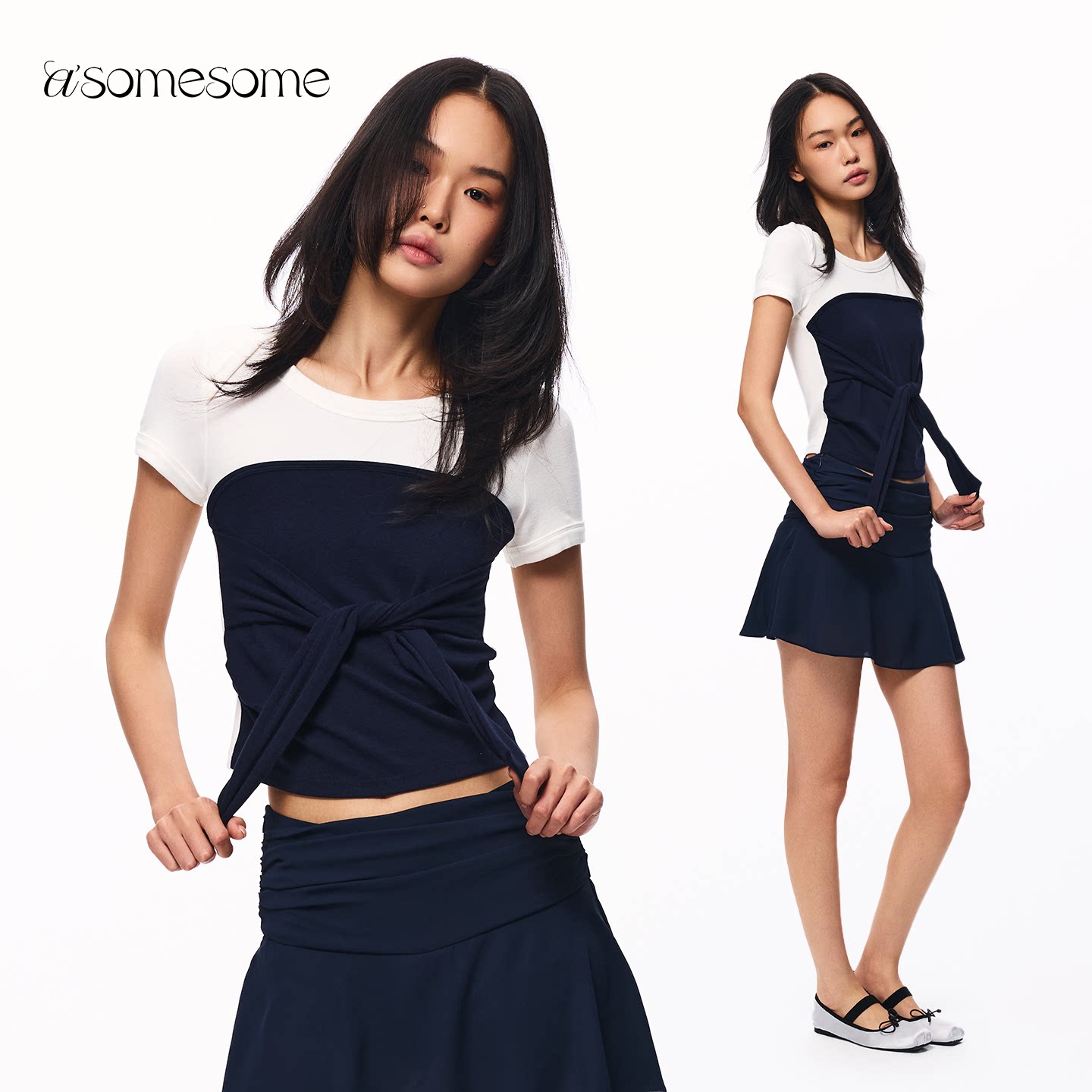 asomesome辣妹假两件拼接短袖T恤图片