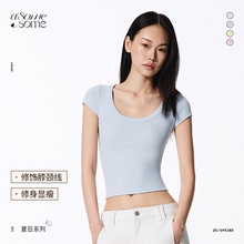 asomesome美式糖果色圆领纯色基础短袖T恤女紧身收腰显瘦蓝色上衣