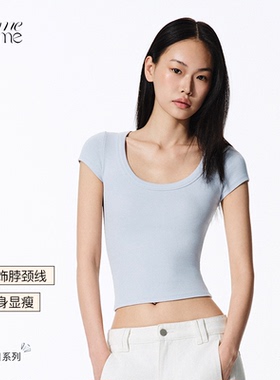 asomesome美式糖果色圆领纯色基础短袖T恤女紧身收腰显瘦蓝色上衣