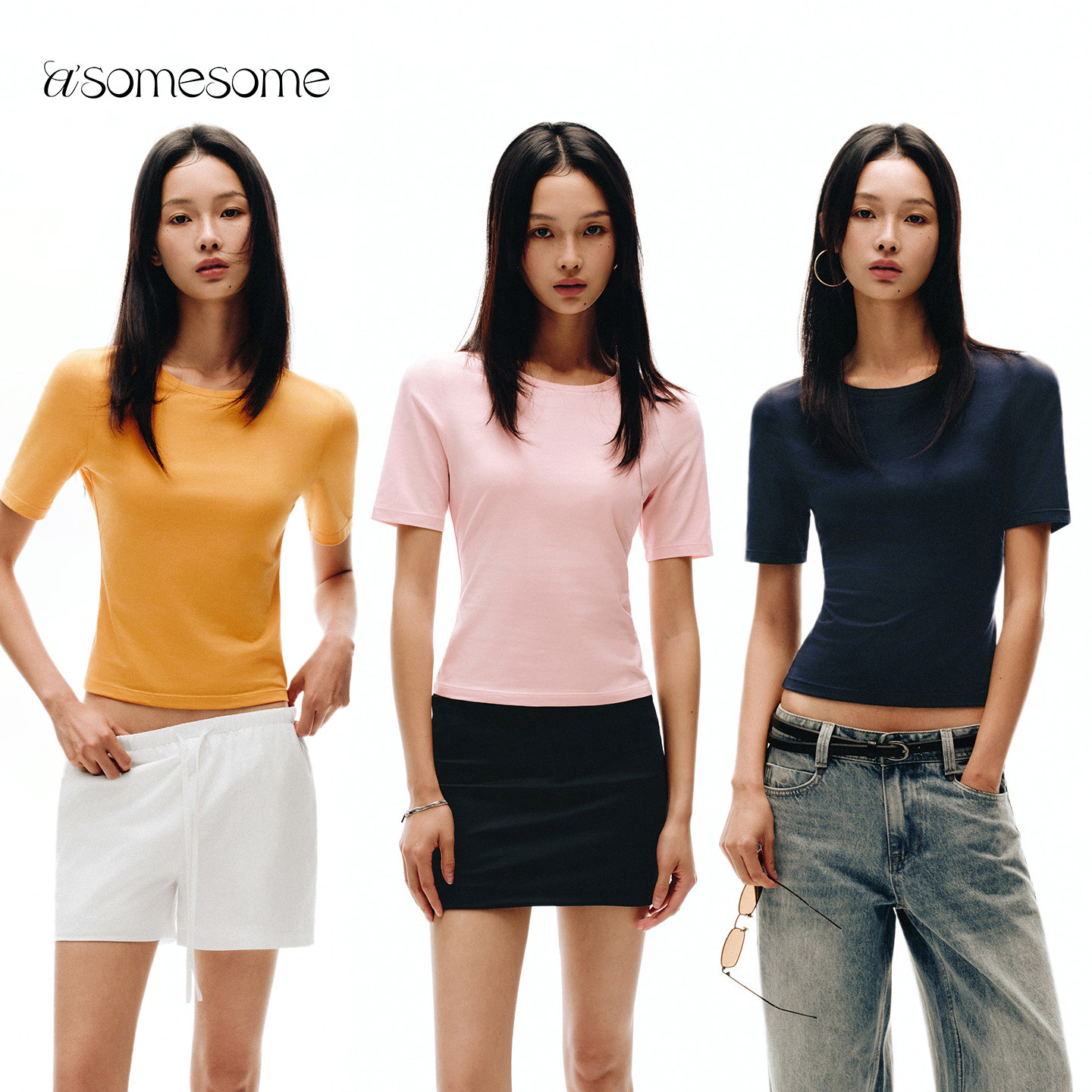 asomesome美式多巴胺修身圆领中袖T恤女新针织打底衫显瘦通勤上衣