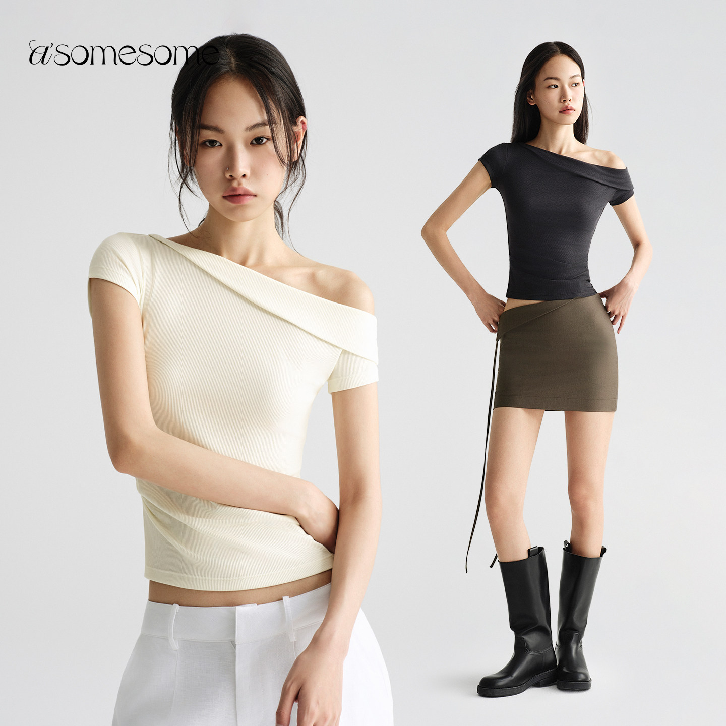 asomesome美式辣妹斜肩翻领褶皱T图片