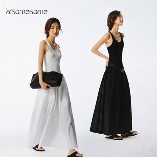 asomesome宋祖儿同款 白色大裙摆吊带连衣裙女秋针织拼接收腰长裙