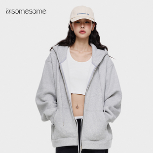 asomesome美式灰色连帽卫衣拉链外套女慵懒风休闲开衫宽松上衣