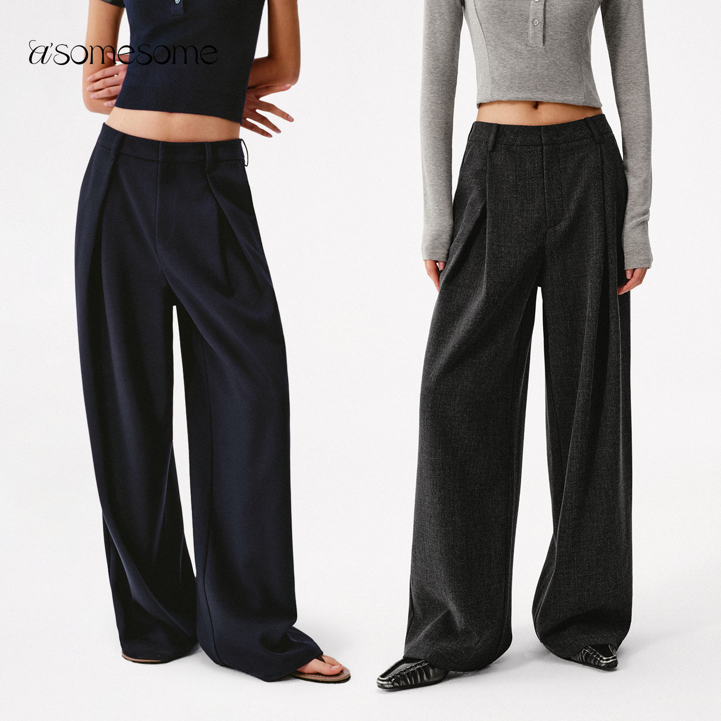 asomesome复古低腰垂感褶皱直筒西裤女春宽松阔腿裤A字显瘦休闲裤