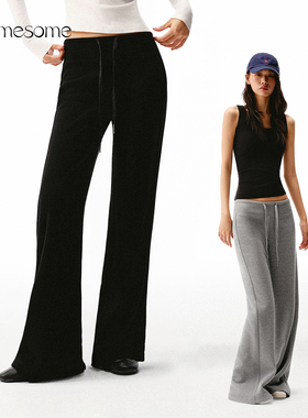asomesome美式羊毛黑色宽松低腰直筒微喇裤女秋冬磨毛休闲厚卫裤