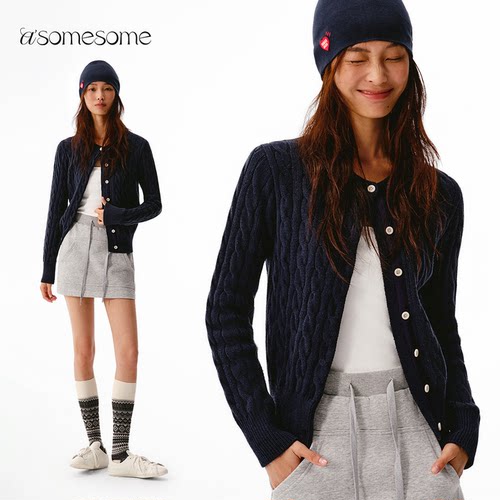 asomesome羊毛绞花针织开衫女