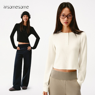 asomesome华夫格亨利领白色长袖T恤女春新宽松内搭打底短款上衣