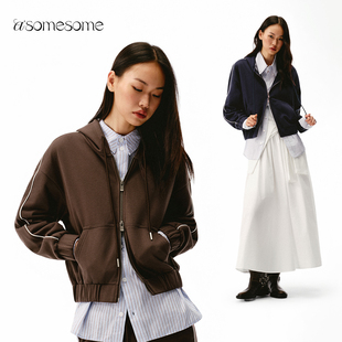 asomesome美式抽绳连帽撞色边拉链卫衣女秋新短外套休闲运动上衣