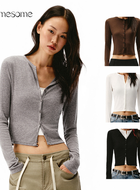 asomesome美式天丝羊毛针织开衫女秋修身短款长袖打底衫外套上衣