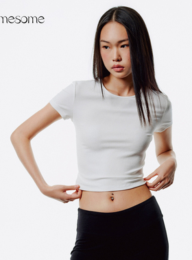 asomesome白色修身正肩短袖t恤女短款紧身圆领运动半袖打底上衣