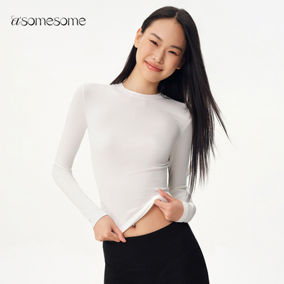 asomesome美式修身弹力白色针织打底衫女春新款圆领长袖内搭上衣