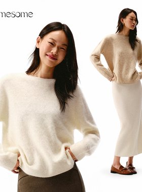 asomesome山羊绒圆领拉绒针织毛衫女秋冬宽松软糯慵懒白色毛衣