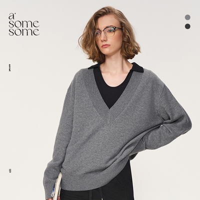 asomesomeV领宽松灰色毛衣针织衫女秋冬新款高级感打底毛衫上衣