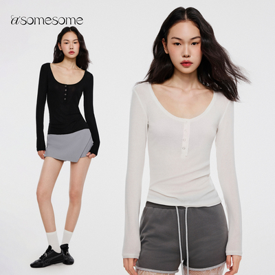 天丝羊毛亨利领微透长袖打底衫女