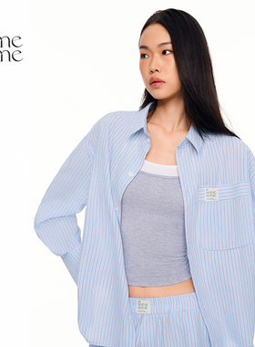 asomesome美式蓝色条纹长袖衬衫长裤女2025春夏休闲百搭宽松衬衣