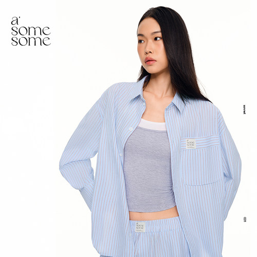 asomesome美式蓝色条纹长袖衬衫长裤女2025春夏休闲百搭宽松衬衣