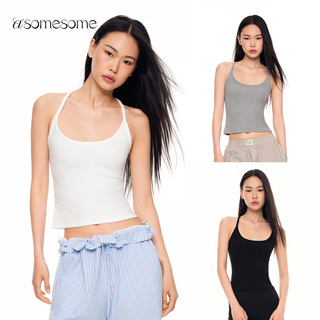 asomesome美式辣妹挂脖胸垫细工字吊带背心女遮副乳短款运动上衣