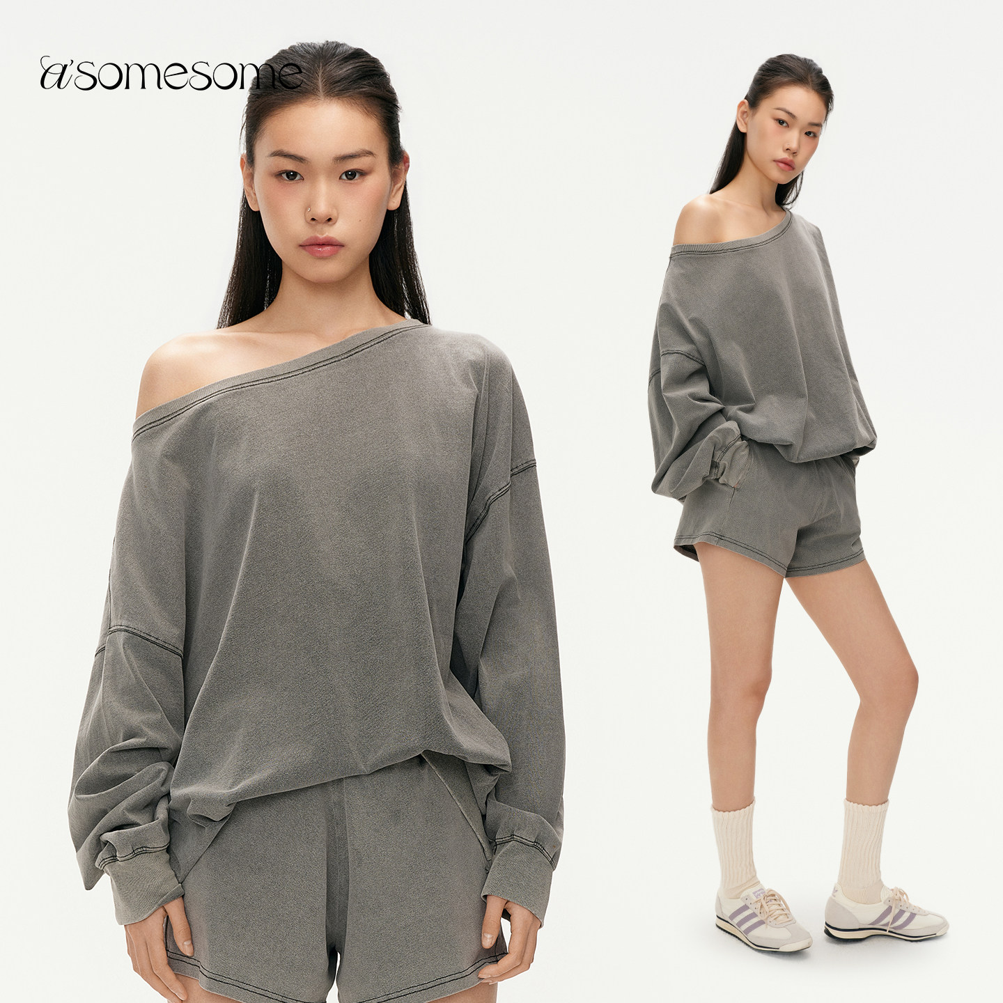 asomesome美式辣妹露肩斜肩卫衣薄款水洗长袖T恤女运动宽松上衣