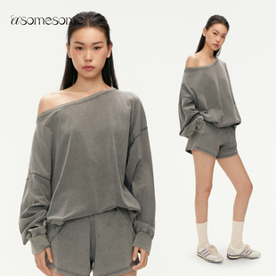 asomesome美式辣妹露肩斜肩卫衣薄款水洗长袖T恤女运动宽松上衣