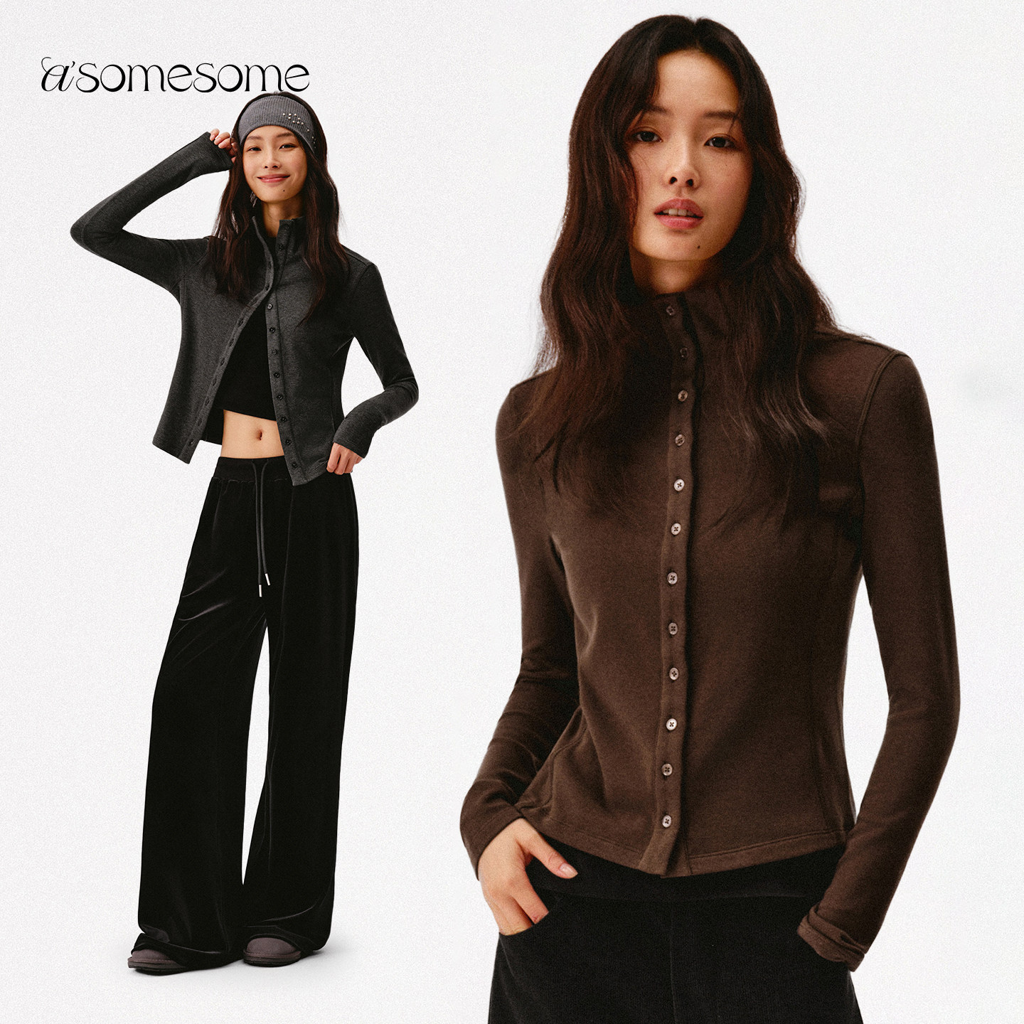 asomesome堆叠高领翻领针织开衫修身长袖T恤女春内搭打底衫上衣