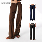 asomesome美式 棕色休闲运动裤 抽绳低腰直筒卫裤 女秋宽松慵懒长裤