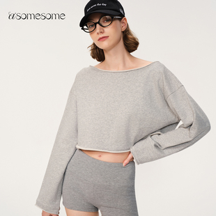 asomesome美式斜肩一字肩两穿露肩卫衣女秋冬宽松休闲短上衣