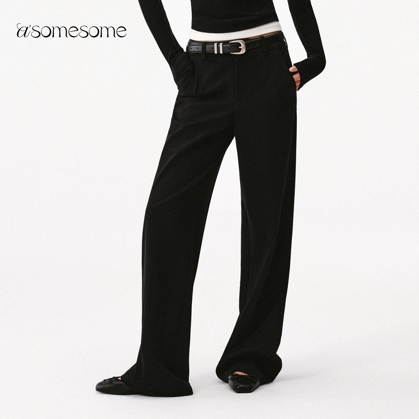 asomesome黑色低腰垂感窄版直筒西裤女春高级感显瘦百搭休闲长裤