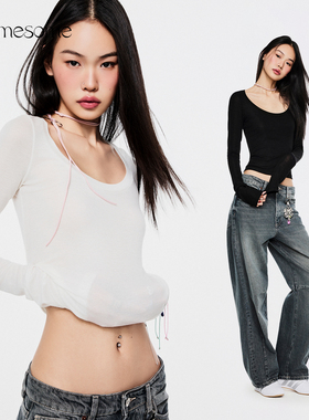 asomesome天丝羊毛白色圆领微透长袖T恤女修身内搭打底衫针织上衣