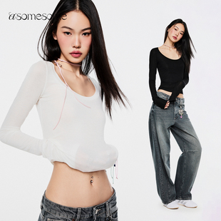 asomesome天丝羊毛白色圆领微透长袖T恤女修身内搭打底衫针织上衣