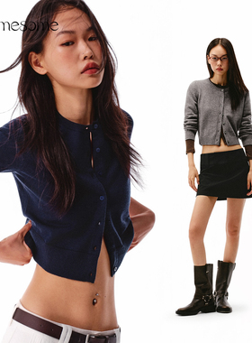 asomesome美式藏蓝色针织开衫外套女秋冬修身短款上衣毛衣打底衫