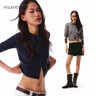 asomesome美式藏蓝色针织开衫外套女秋冬修身短款上衣毛衣打底衫