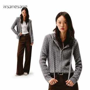 asomesome娜扎同款羊毛麻花毛衣灰色针织开衫外套女慵懒宽松上衣