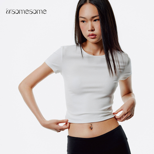 紧身圆领运动半袖 t恤女短款 打底上衣 正肩短袖 asomesome白色修身